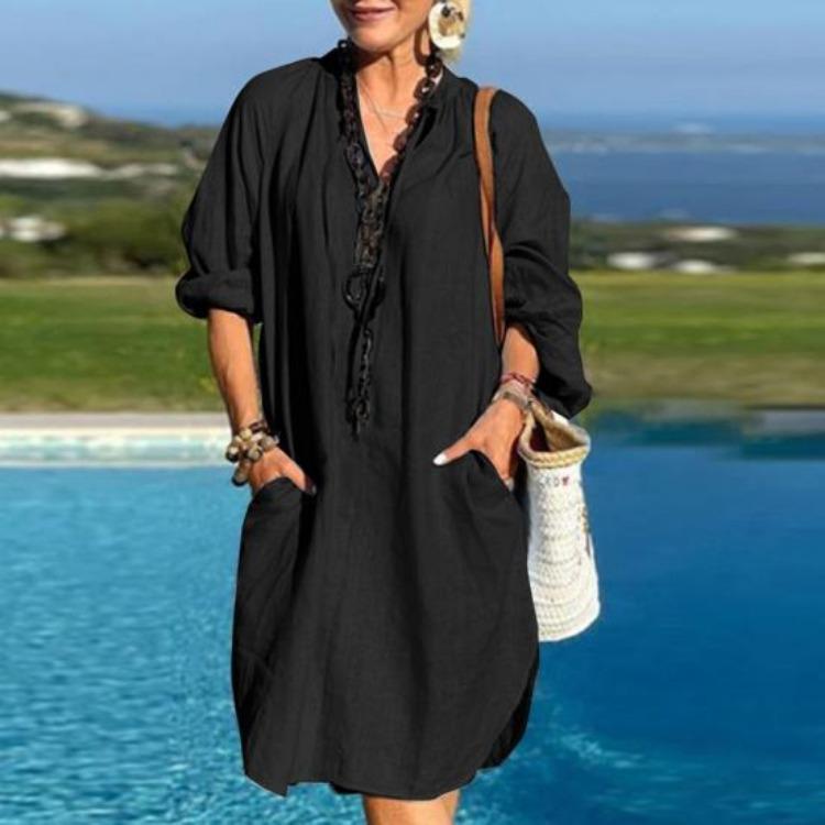 Women Summer Boho Cotton Linen Dress Casual Beach Vacation Sundress Long Sleeve V Neck Loose Dress