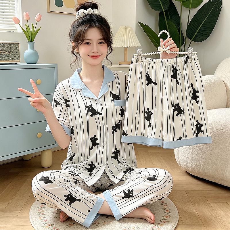 Leopard Print Love Heart Short Sleeve Pajama Set: Women's Summer Cloud Cotton Three-Piece Loungewear