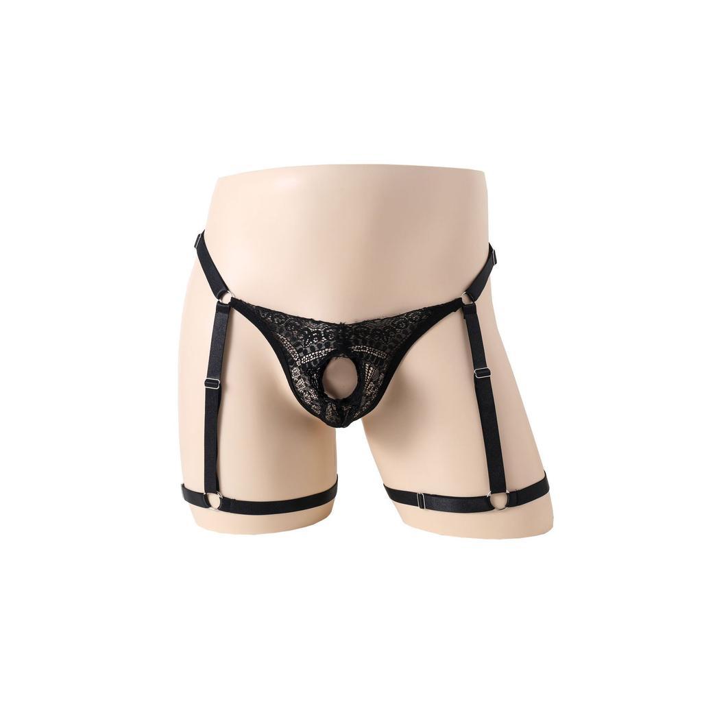 Men's sex underwear adjustable hole lace men's boxers perspective sexy men's sex thong