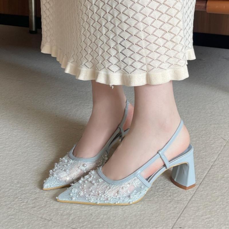 Mesh String Beads High Heels Women Bling Lace Pointed Toe Mules Slingback Dress Shoes Breathable Chunky Heel Women Sandals