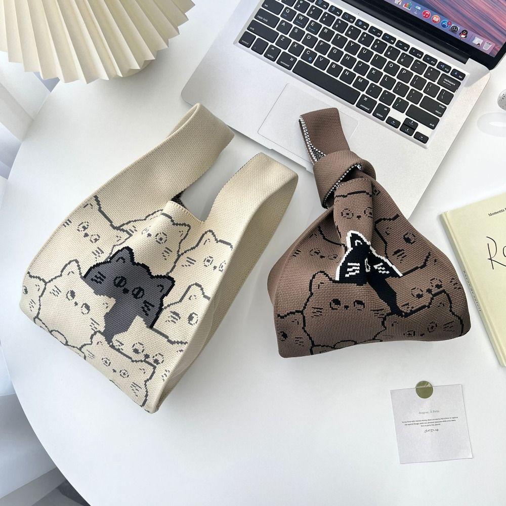 Cat Knit Handbag Casual Handmade Knit Shopping Bags High-capacity Knot Wrist Bag Girls