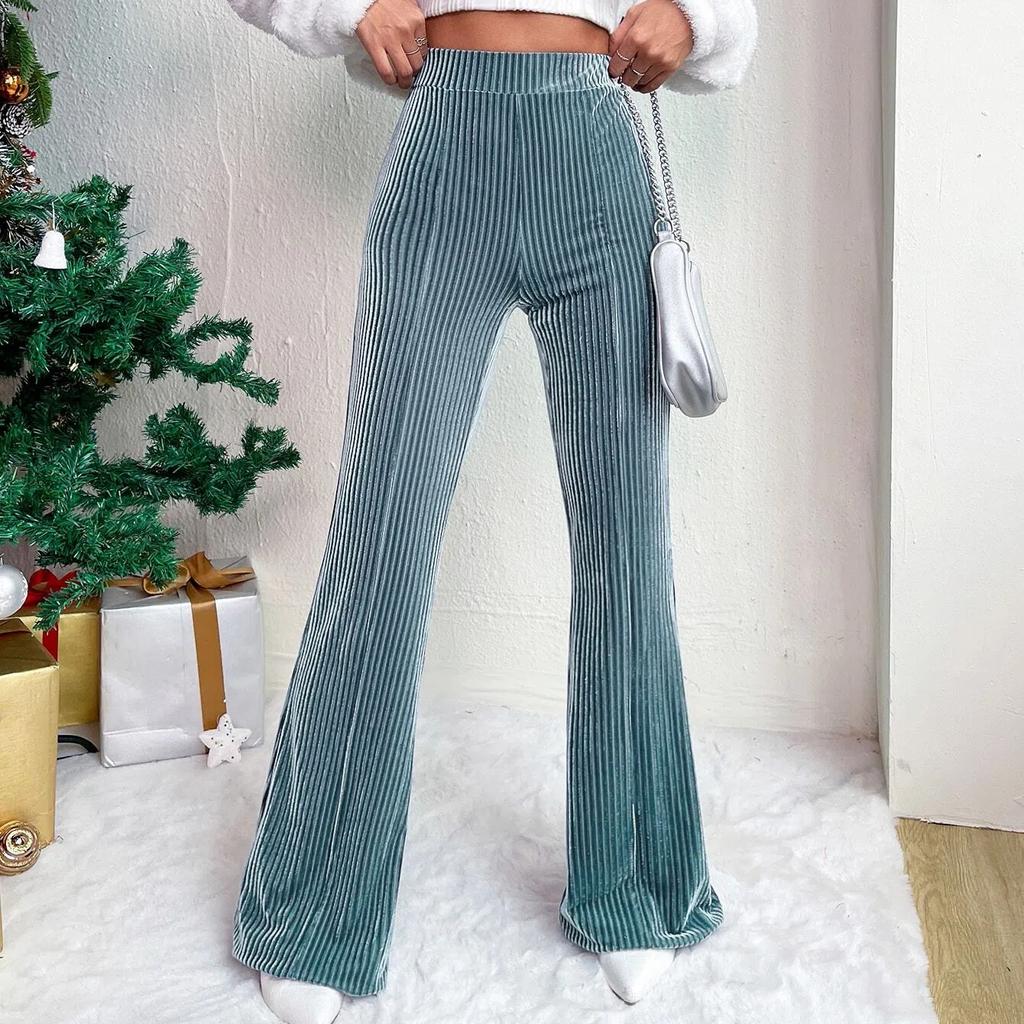 New High-Waisted Corduroy Bell Bottom Pants, Solid Color Casual Wide-Leg Sweatpants for Women
