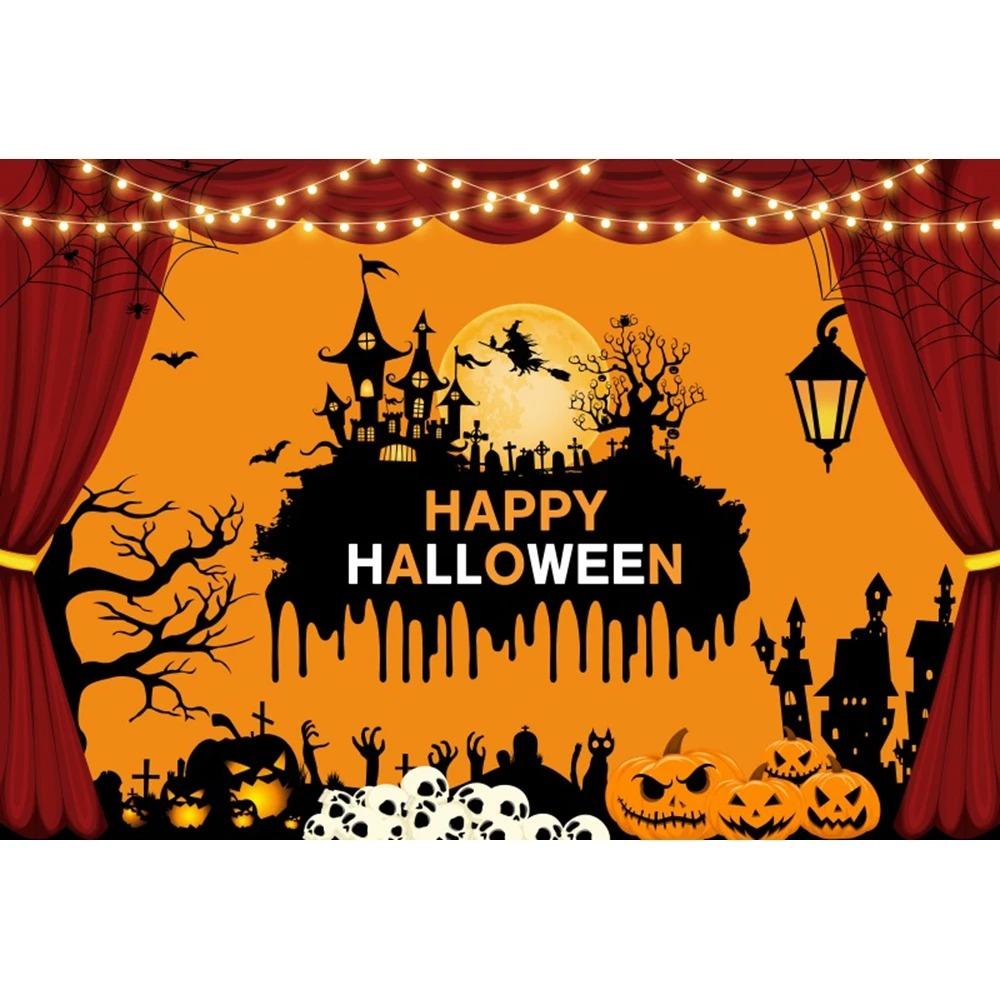 Circus Halloween Background Hanging Cloth Full Moon Night Witch Skull Carnival Party Decoration Background Photography Studio