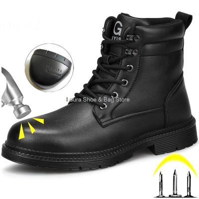 Bottes de sécurité en cuir imperméables à la mode pour hommes Bottes d'hiver Bottes de travail noires à embout en acier Chaussures de sécurité industrielles indestructibles Chaussures pour hommes