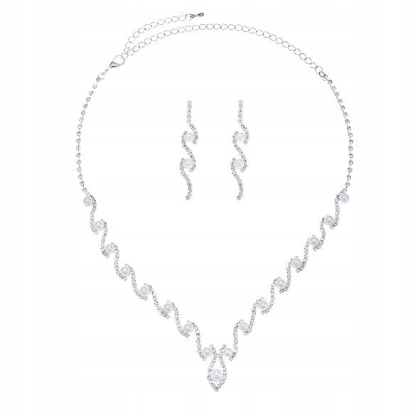 Set Earrings Necklace Wedding Silver Rhinestones Pearls Feminine Elegant B22
