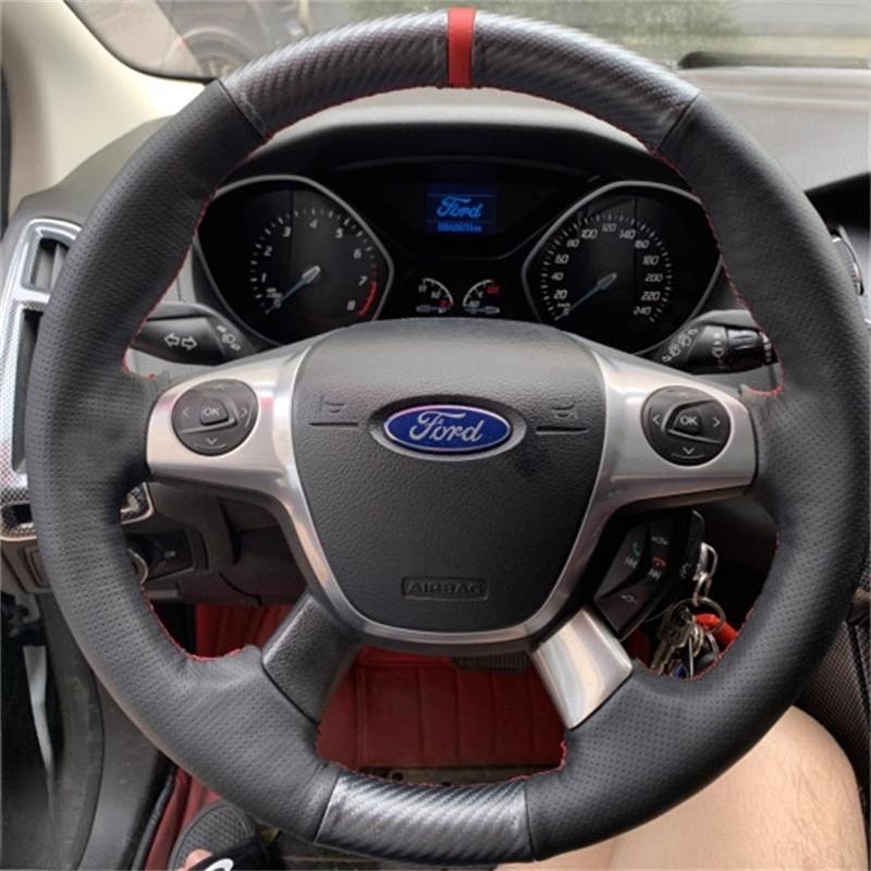 

Для Ford Focus 3 2012 C-MAX 2011 KUGA Escape 2013-2016 Рукоятка рулевого колеса автомобиля из нескользящей углеродной кожи, сшитая вручную 1