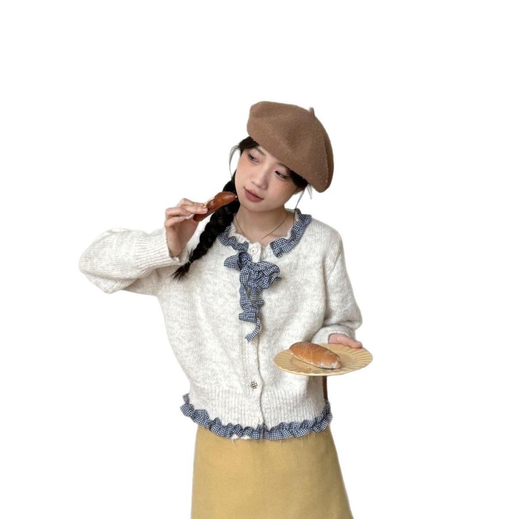 Koreański Szyk Kardiagn z Dzianiny z Falbankami i Kokardą - Damski Jesienny Wzór