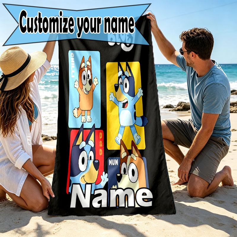 Custom Name Personalized Bluey Print Beach Towel, for Trip Camping Beach Party Home Decor, Birthday Gift for Family & Friends