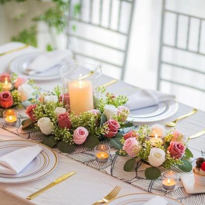 2 pezzi di ghirlanda di rose artificiali, anello di candela, pilastro, portacandele, foglie verdi, ghirlanda di fiori colorati, matrimonio a casa