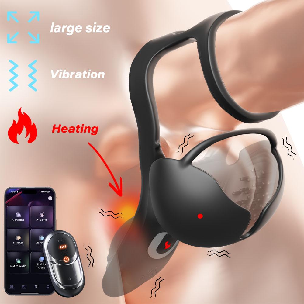 Vibrating Heating Penis Ring with Testicle and Perineum Stimulator, Sex Toys for Men and Couples, Male Penis Vibrator App, Adult Toy
