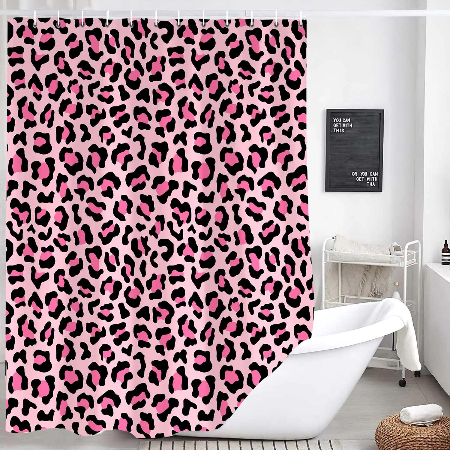 Jessica Chen Girls Pink Leopard Print Shower Curtain, Sexy Tub Bath Curtains, Cheetah Skin Pattern Bathroom Decor For Shower Curtain Set With