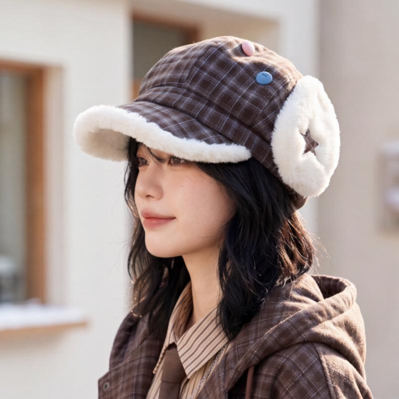Winter Thick Earmuff Peaked Cap Korean Vintage Plush Warm Short Brim Cap