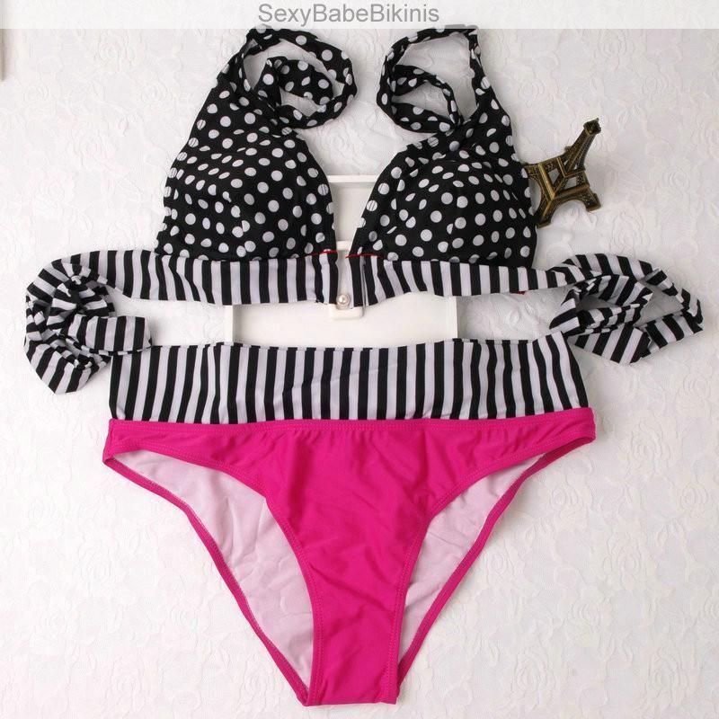 Chic And Sexy Women Swimwear Bathing Suit With Dotted Fringe And Stripe Design rose red,M