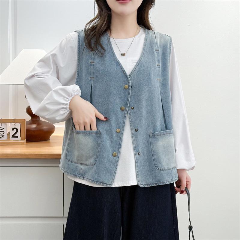 Plus Size Women's V-Neck Denim Vest - Spring/Summer 2026 Slimming Tank for 200 Jin