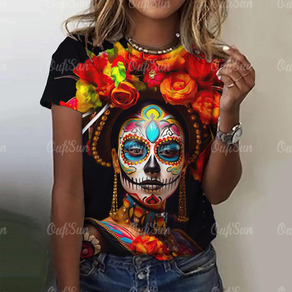 Women Skull Print T-Shirt For Print Harajuku Short Sleeve Tops Autumn O Neck Oversized Sweater Female Casual Clothes