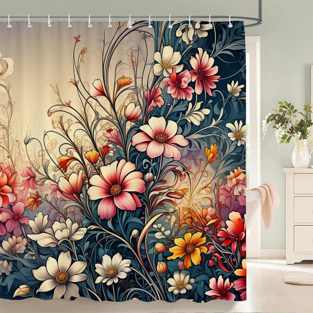 

3D Shower Curtain Beautiful Flowers Plant Printed Bathroom Curtain Waterproof Polyester Bath Curtains for Bathroom with Hooks W90xH180cm