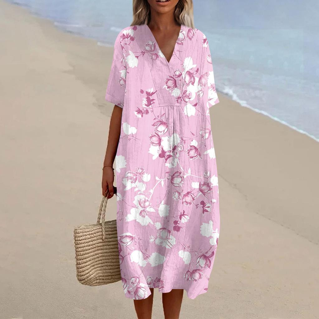 Women's Loose Casual Fashion V-Neck Printed Dress Beach Skirt