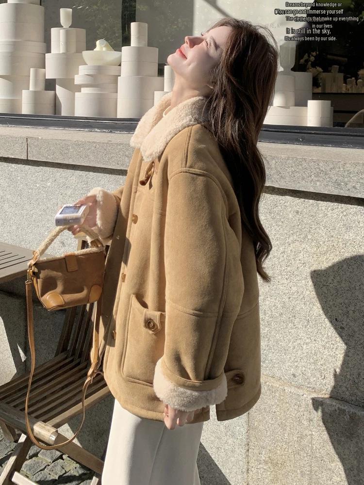 2025 Winter Women's Khaki Shearling Coat - Korean Style, Fleece-Lined, Thick Imitation Lamb's Wool