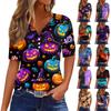 Women Casual Halloween Print V Neck Short Sleeve Button T Shirt Top Lightweight Comfortable Fit Soft Fabric
