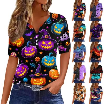 Women Casual Halloween Print V Neck Short Sleeve Button T Shirt Top Lightweight Comfortable Fit Soft Fabric