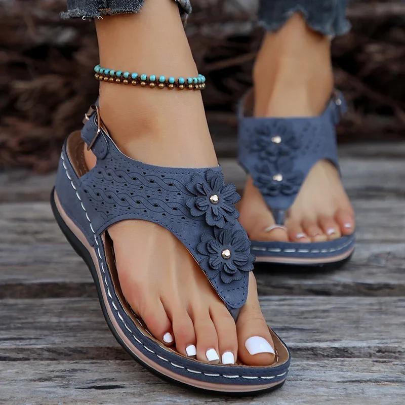 Fashion Flowers Decor Summer Womens Wedge Sandals Casual Clip Toe Platform Sandles Woman Comfortable Non Slip Rome Shoes Plus Size 43