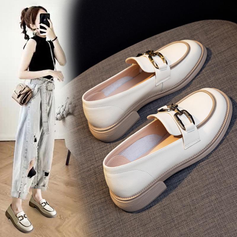 Small Leather Shoes Women's  Spring New Flat-bottomed British Style Thick-heeled Single Shoes with Buckle Slip-on Loafers
