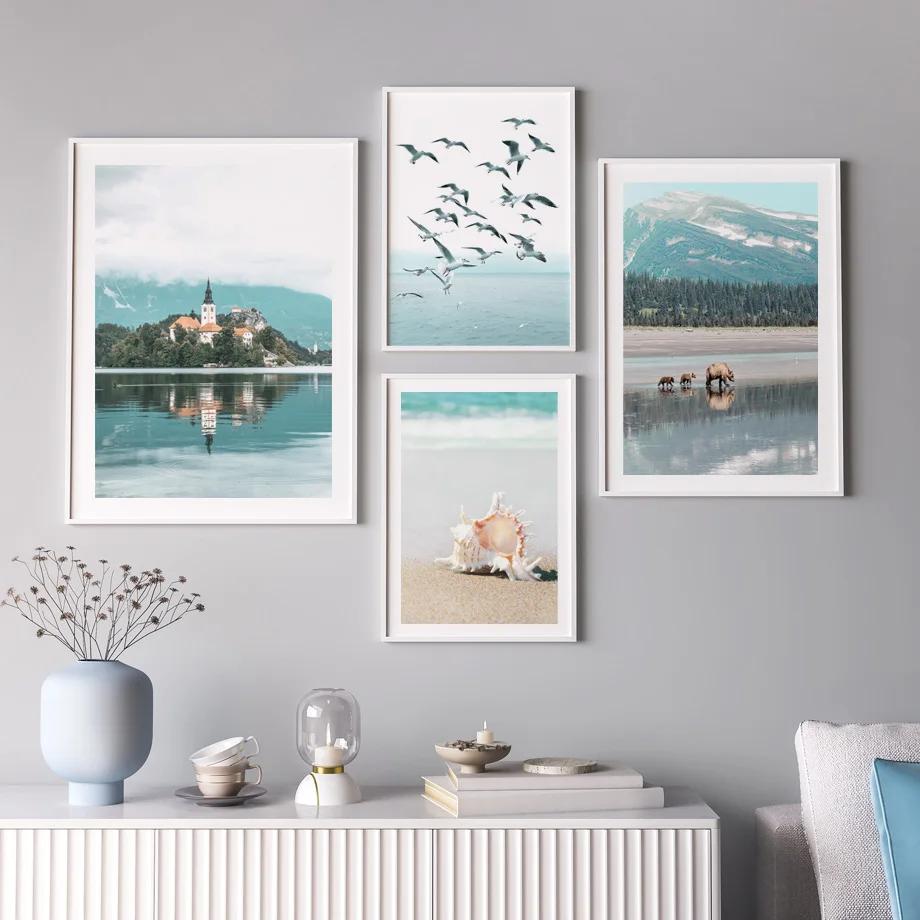 Calm Ocean Landscape Seagull Beach Shell Romantic Sakura Art Canvas Print Painting Posters Living Room Wall Picture Home Decor