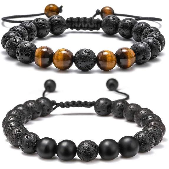 M MOOHAM Mens Bracelet - Beaded Natural Stone 8mm Tiger Eye Matte Agate Lava Rock Bracelets for Men Teen Boys Grandpa Dad Birthday Gifts Jewelry