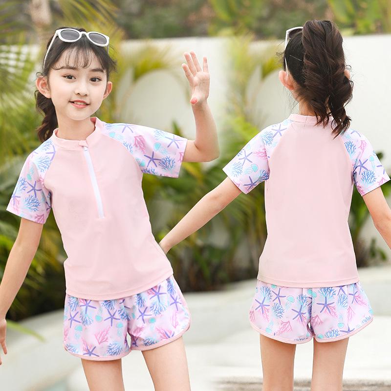 2025 New Japanese Floral Girls' Swimsuit Set with Swim Cap for Training