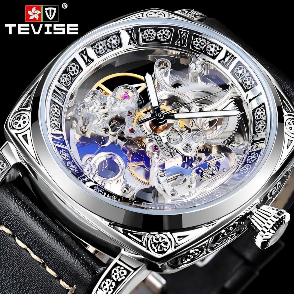 TEVISE Watches for Man Square Retro Mechanical Watch Self-Wind Carved Skeleton Automatic Watches Vintage Leather Strap Wristwatch