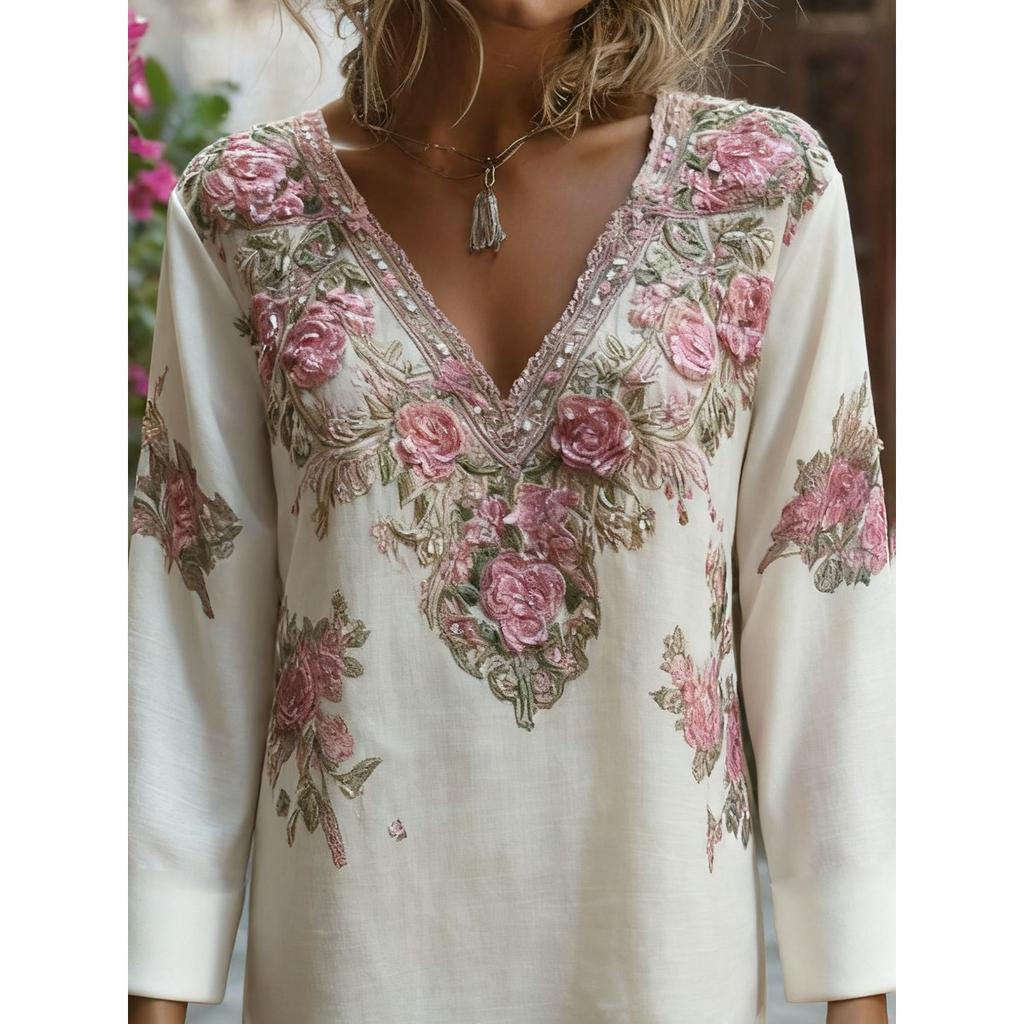 Women's V Neck Short Sleeve Floral Embroidered Regular Fit Casual Blouse Top