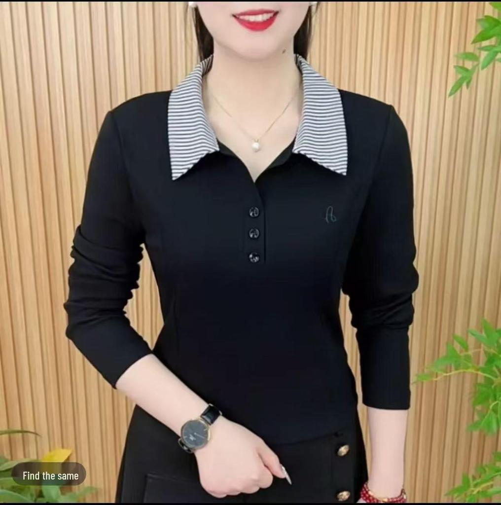 Damen High-End Langarm-Polo: 2025 Frühling/Herbst, Umlegekragen, Einfarbig, Vielseitiges Oberteil für Muttermode