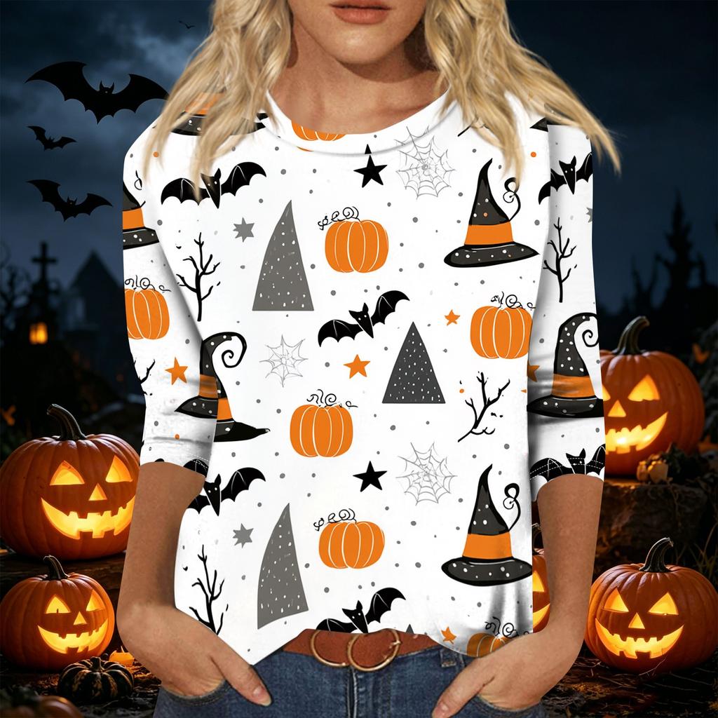 Women's Casual 3/4 Sleeve Halloween Print Pullover Top Crew Neck Lightweight Fall Shirt