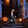 Mini Desktop Goose Set with Witch Costume Web Print Dress Hat and Broom for Decorative Display or Seasonal Tabletop Use
