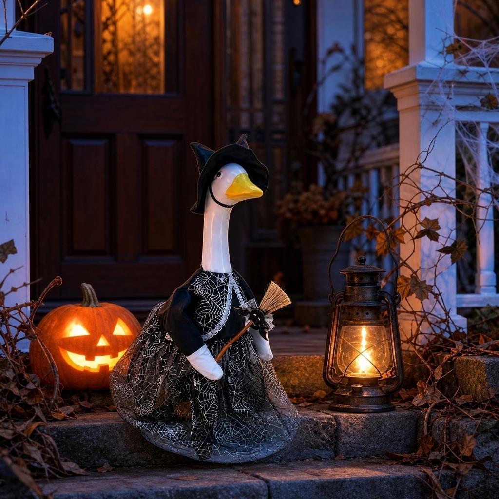 Mini Desktop Goose Set with Witch Costume Web Print Dress Hat and Broom for Decorative Display or Seasonal Tabletop Use