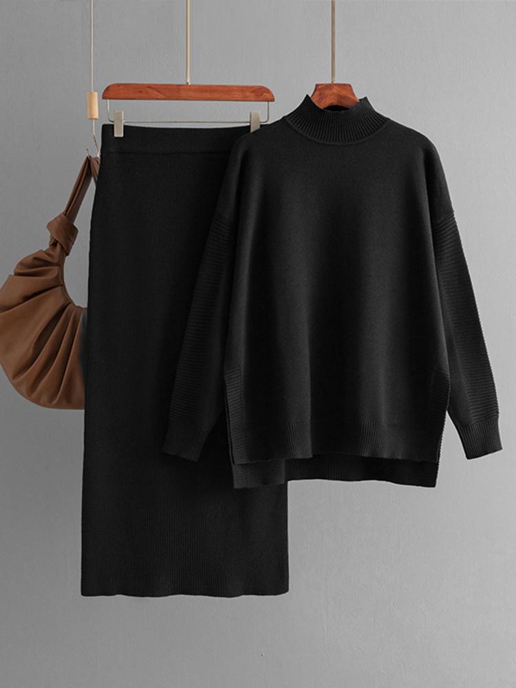 

Women s Knited Set Autumn Winter New 2026 Solid Color Half High Collar Sweaters Skirt Two Piece Set Female 2Z3093 One Size чёрный