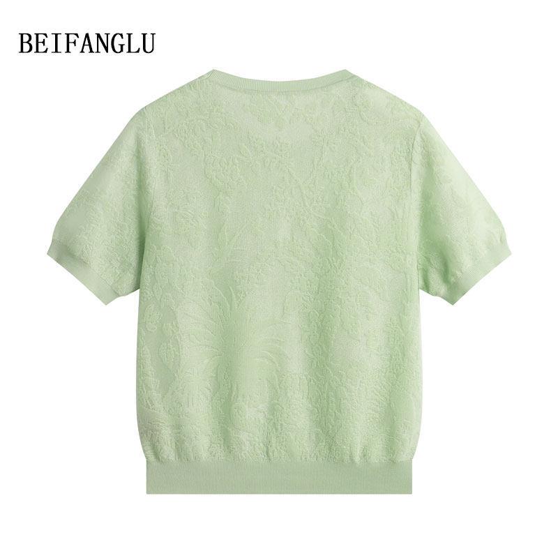 Northern Deer Jacquard Lyocell Silk Knit Short Sleeve Top in Dark Pattern