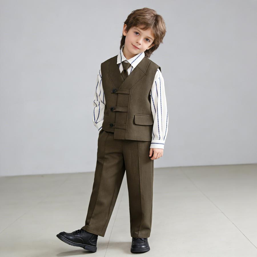 Boys Formal Suit Set 4 Piece School Kids Vest Shirt Pants Tie Gentleman Outfit for Wedding Party Birthday Photoshoot Performance 2-12Y