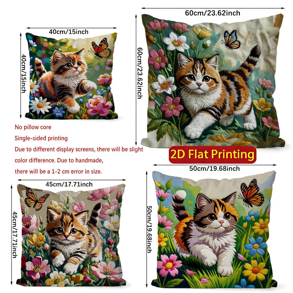 Cute Floral Kitten Square Throw Pillow Covers Pattern Cushion Cover Suitable For Sofa Bedroom Car Pillow Cover