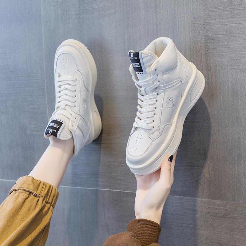 High-top leather women's autumn and winter new women's shoes thick-soled heightening single shoes women's casual sports shoes