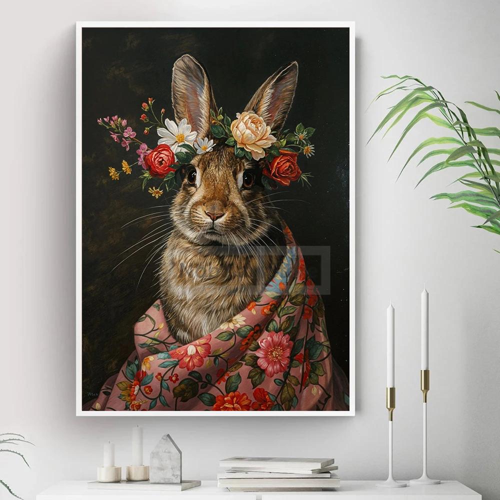 Vintage Animal with Flower Poster Dog Cat Rabbit Raccoon Garland Prints Canvas Painting Wall Art Pictures Home Room Nature Decor