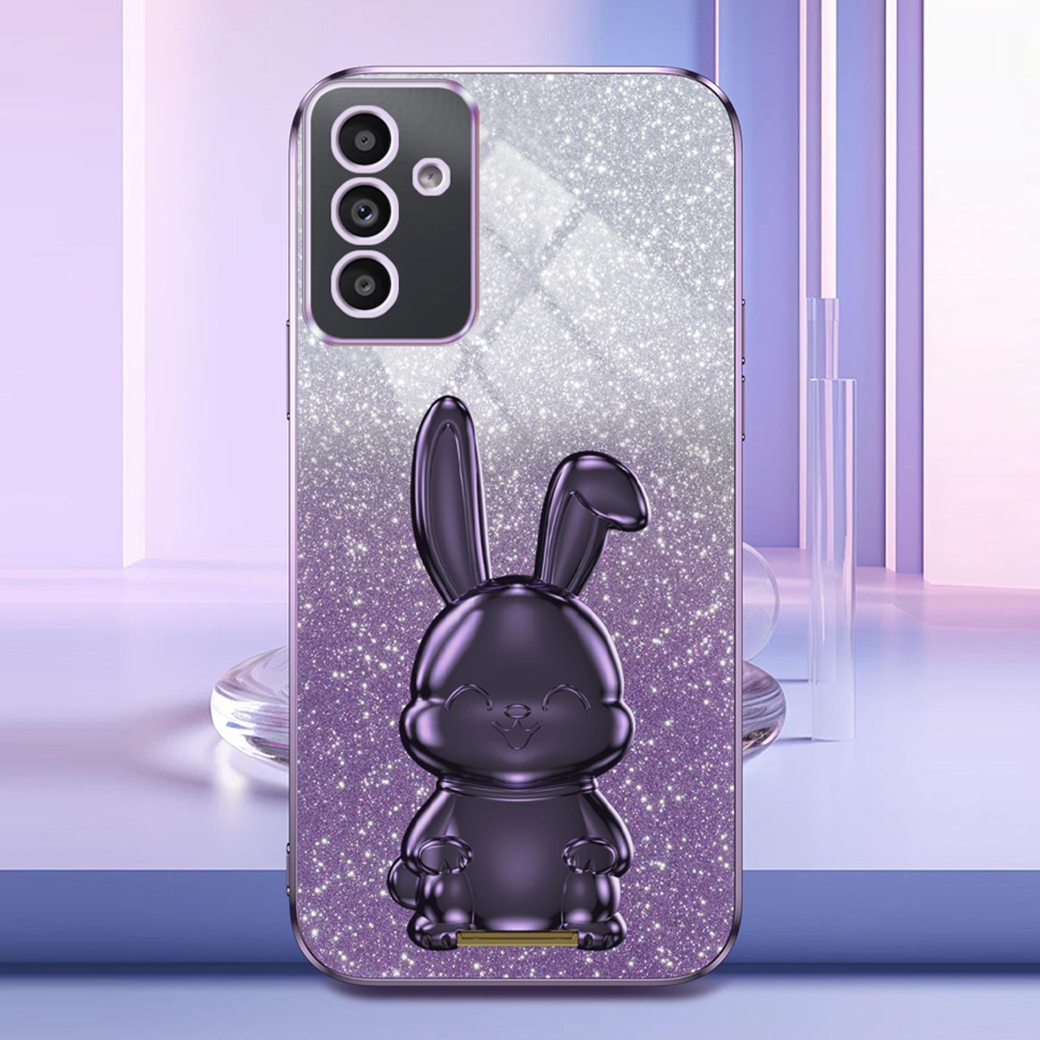 

For Samsung Galaxy A34 5G Rabbit Phone Case PC+TPU Glitter Pull-out Kickstand Anti-shock Cover Purple
