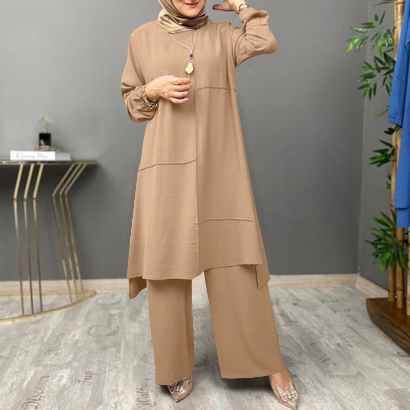 Muslim Women's Urban Sportswear Elegant Bubble Sleeve Crew Neck Shirt Loose Fashion Wide Leg Pants Set