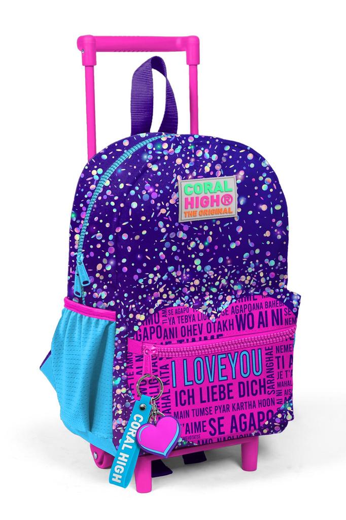 Batoh Mini Nest na kolečkách, fialový, modrý, růžový, se vzorem srdce, se dvěma přihrádkami, 24040