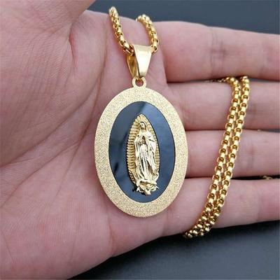 Virgin Mary Pendant Necklace Stainless Steel Men Christian Jewelry Lady of Guadalupe Miraculous Oval Medal Necklace
