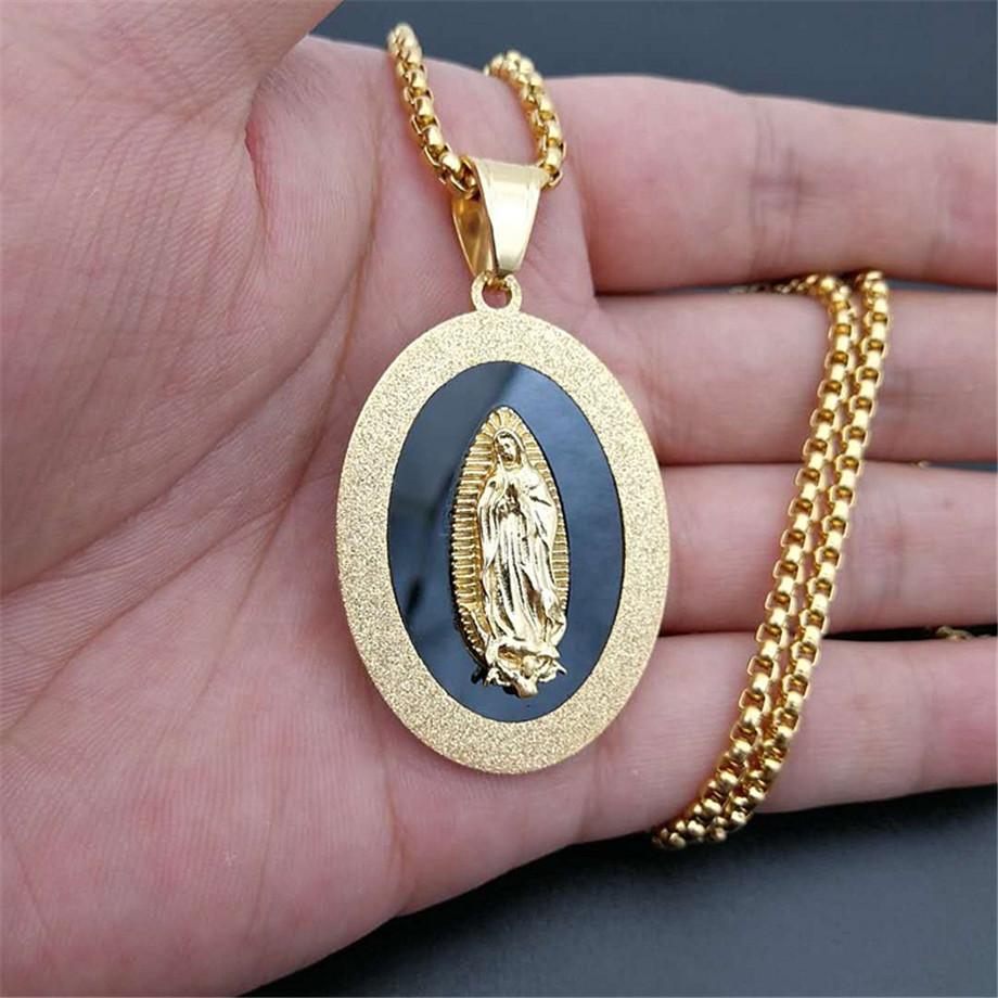 Virgin Mary Pendant 316L Stainless Steel Men Christian Jewelry Our Lady of Guadalupe Miraculous Oval Medal Necklace 60cm