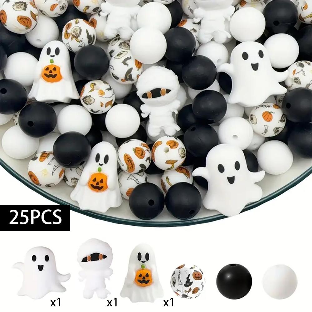 25PCS Multi-Size Halloween-Themed Silicone Beads Set, Perfect for DIY Craft Projects Like Keychains, Necklaces, Bracelets & More