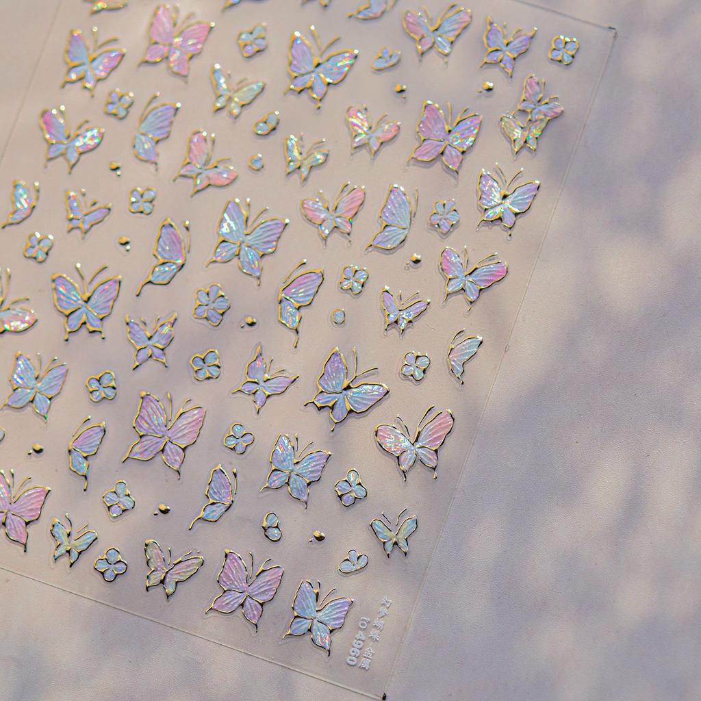 Shiny Jelly Butterfly Charming Golden Gradient Bowknot 5D Self Adhesive Nail Art Sticker Flower Petal Rhinestone Manicure Decals