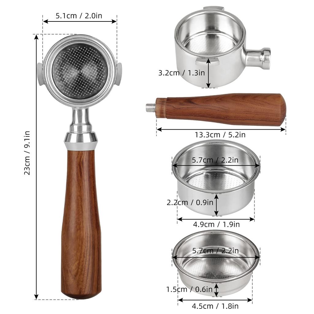 Bottomless Portafilter, 51mm, for DeLonghi Espresso Machines 311GR-310GR/ECO310, Rosewood Handle (Filter Basket Included)