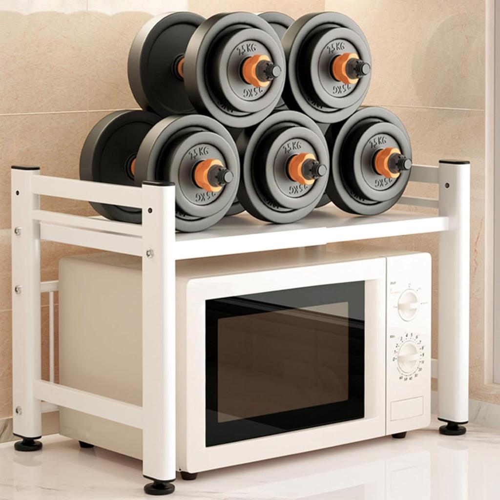 Over-the-sink Kitchen Storage Rack, Toaster Rack, Microwave Stand, 40-60cm Wide, Extendable, with 6 Hooks (white)